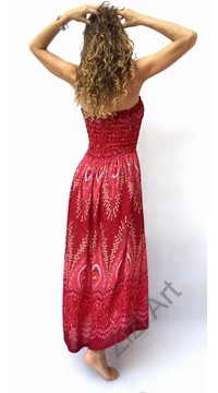 hosszú, bő, viszkóz, ruha, piros, krém, pávatoll, mintás, megkötős, szellős, könnyű, női, divat, Thaiföld, trend, webshop