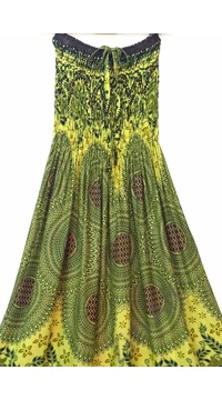 ujjatlan, ruha, sárga, lazac, bordó, kék, zöld, hosszú, viszkóz, mandala, mintás, Thaiföld, bő, színes, szellős, könnyű, különleges, női, divat, nyári, trend, webshop