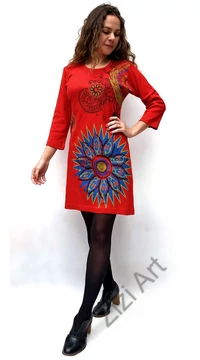 vastag, piros, pamut, ruha, tunika, háromnegyedes, ujjú, virág, mandala, mintás, nepáli, egzotikus, egyedi, női, divat, bohém, trend