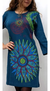 vastag, türkiz, kék, pamut, ruha, tunika, háromnegyedes, ujjú, virág, mandala, mintás, nepáli, egzotikus, egyedi, női, divat, bohém, trend