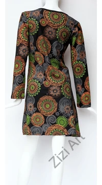 pamut, ruha, tunika, mandala, mintás, fekete, narancs, kék, zöld, hosszú ujjú, Nepál,  egzotikus, egyedi, női, divat, trend, különleges