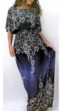 hosszú, ruha, kék, szürke fehér, viszkóz, rövid ujjú, lai, mintás, Thaiföld, bő, színes, szellős, női, divat, nyári, trend, webshop