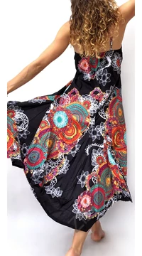 fekete, színes, mandala, pamut, puffos, zsebes, hosszú, ruha, spagettipántos, nyár, egyedi, egzotikus, női, divat, trend, webshop