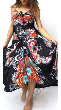 fekete, színes, mandala, pamut, puffos, zsebes, hosszú, ruha, spagettipántos, nyár, egyedi, egzotikus, női, divat, trend, webshop