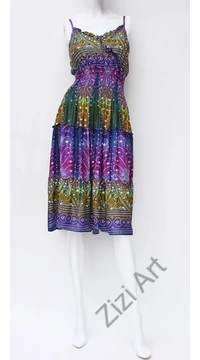 szivárvány, térd, ruha, midi, lila, pink. zöld, kék, viszkóz, ujjatlan, spagettipántos, virág, pávatoll, mintás, Thaiföld, bő, színes, szellős, könnyű, különleges, női, divat, nyári, trend, webshop