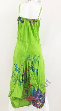 kiwi, zöld, színes, virágos, pamut, puffos, zsebes, hosszú, ruha, spagettipántos, nyár, egyedi, egzotikus, női, divat, trend, webshop