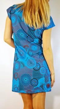 világos, kék, színes, rövid, ujjú, pamut, mini, ruha, tunika, női, divat, ruházat, trend, India, egzotikus, egyedi, különleges, bohém, extravagáns, elegáns