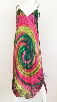 pink, rózsaszín, sárga, zöld, spirál, mintás, hosszú, pamut, géz, ruha, török, bő, színes, spagettipántos, szellős, könnyű, különleges, női, divat, trend, webshop