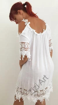 fehér pamut, lyukas vállú, ruha, nyári, felső, finom, ruha, bő, lezser, szellős, könnyű, különleges, női, divat, trend, webshop