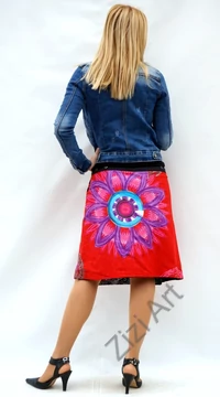 női, térd, szoknya, piros, fekete, kék, türkiz, narancs, virágos, mandala, kétoldalas, női, szoknya, trend, divat, egyedi, bohém, extravagáns, egzotikus, pamut, vászon, Nepál