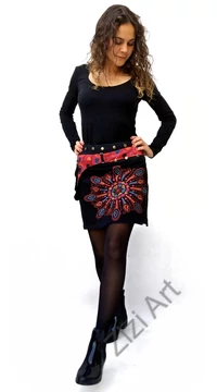 pamut, fekete, piros, zöld, kék, virág, mandala, mintás, színes, mini, szoknya, hímzett, oldalzsebes, bohém, egyedi, extravagáns, női, divat, trend