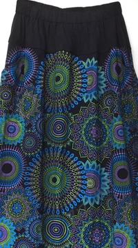 A-vonalú, pamut, hosszú, szoknya, zsebes, mandala, mintás, női, divat, extravagáns, egyedi, bohém, fekete, kiwi, lila, kék