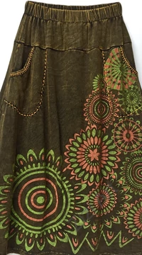 A-vonalú, pamut, hosszú, szoknya, zsebes, mandala, mintás, női, divat, extravagáns, egyedi, bohém, keki, zöld, narancs