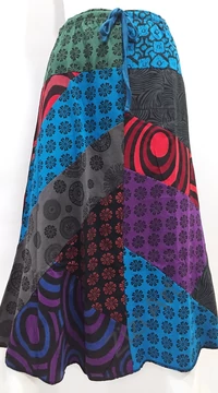 szoknya, midi, A-vonalú, pamut, kék, zöld, szürke, lila, piros, színes, patchwork, hosszú, női, divat, trend, extravagáns, hippi, bohém