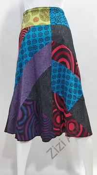 szoknya, midi, A-vonalú, pamut, kék, zöld, szürke, lila, piros, színes, patchwork, hosszú, női, divat, trend, extravagáns, hippi, bohém