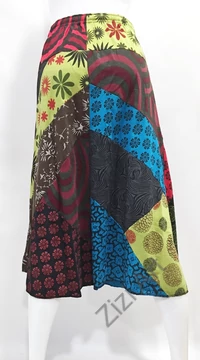 piros, fekete, kék, zöld, színes, patchwork, hosszú, midi, A-vonalú, pamut, szoknya, női, divat, trend, extravagáns, hippi, bohém