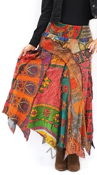 hosszú, cikk-cakk, patchwork, színes, narancs, zöld, barna, piros, pink, kék, pamut, szoknya, női, divat, trend, Nepál