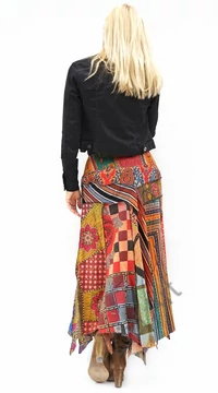 hosszú, cikk-cakk, patchwork, színes, narancs, zöld, barna, piros, pink, kék, pamut, szoknya, női, divat, trend, Nepál
