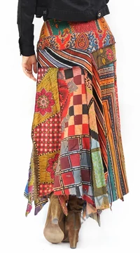 hosszú, cikk-cakk, patchwork, színes, narancs, zöld, barna, piros, pink, kék, pamut, szoknya, női, divat, trend, Nepál