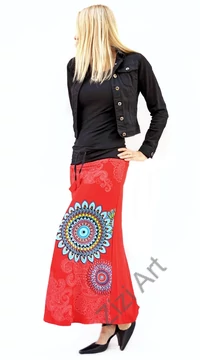 mandala, pamut, piros, hosszú, szoknya, női divat, trend, egzotikus, egyedi, különleges, elegáns, hosszú