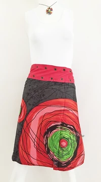 női, térd, szoknya, fekete, szürke, azúr, pink, piros, kék, türkiz, zöld, színes, virágos, csipke, mandala, kétoldalas, női, szoknya, trend, divat, egyedi, bohém, extravagáns, egzotikus, pamut, vászon, Nepál