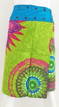 női, térd, szoknya, kék, kiwi, zöld, színes, virágos, csipke, mandala, kétoldalas, női, szoknya, trend, divat, egyedi, bohém, extravagáns, egzotikus, pamut, vászon, Nepál