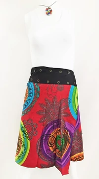 női, térd, szoknya, fekete, szürke, azúr, pink, piros, kék, türkiz, zöld, színes, virágos, csipke, mandala, kétoldalas, női, szoknya, trend, divat, egyedi, bohém, extravagáns, egzotikus, pamut, vászon, Nepál