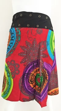 női, térd, szoknya, fekete, szürke, azúr, pink, piros, kék, türkiz, zöld, színes, virágos, csipke, mandala, kétoldalas, női, szoknya, trend, divat, egyedi, bohém, extravagáns, egzotikus, pamut, vászon, Nepál
