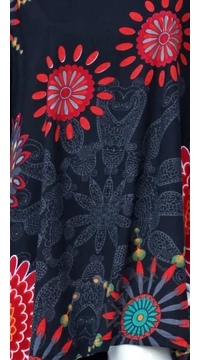 pamut, tunika, bő, ruha, felső, fekete, színes, piros, narancs, zöld, hosszú ujjú, A-vonalú, Nepál, mandala, kör, virág, egzotikus, egyedi, különleges, női, divat, bohém, trend