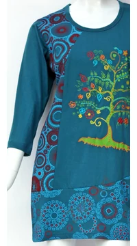 kék, türkiz, zöld, piros, fekete, színes, életfa, mandala, mintás, háromnegyed ujjú, pamut, tunika, ruha, Nepál, egzotikus, egyedi, vidám, elegáns, különleges, női, divat, bohém, trend