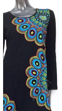 fekete, türkiz, kék, zöld, virág, mandala, mintás, háromnegyedes, ujjú, pamut, tunika, ruha, felső, Nepál, egzotikus, egyedi, különleges, női, divat, bohém, trend