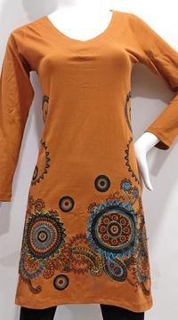 mustár, türkiz, kék, zöld, virág, mandala, mintás, hosszú ujjú, pamut, tunika, ruha, felső, Nepál, egzotikus, egyedi, különleges, női, divat, bohém, trend