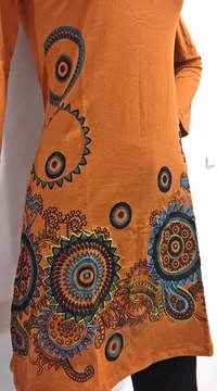 mustár, türkiz, kék, zöld, virág, mandala, mintás, hosszú ujjú, pamut, tunika, ruha, felső, Nepál, egzotikus, egyedi, különleges, női, divat, bohém, trend