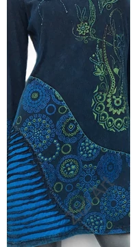 pamut, ruha, tunika, mandala, virág, mintás, kék, szürke, zöld, hosszú ujjú, Nepál, egyedi, különleges, bohém, női, divat