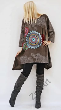 szürke, fehér, piros, kék, türkiz, fekete, szürke, hosszú ujjú, pamut, tunika, bő, ruha, felső, A-vonalú, Nepál, csipke, mandala, kör, virág, egzotikus, egyedi, vidám, élénk, különleges, női, divat, bohém, trend, színes