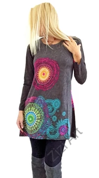 szürke, azúr, kék, pink, hosszú ujjú, virág, mandala, mintás, tunika, ruha, felső, pamut, Nepál, egzotikus, egyedi, színes, vidám, élénk, különleges, női divat, trend