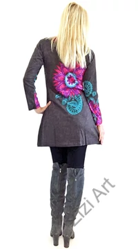 szürke, azúr, kék, pink, hosszú ujjú, virág, mandala, mintás, tunika, ruha, felső, pamut, Nepál, egzotikus, egyedi, színes, vidám, élénk, különleges, női divat, trend
