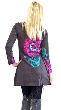 szürke, azúr, kék, pink, hosszú ujjú, virág, mandala, mintás, tunika, ruha, felső, pamut, Nepál, egzotikus, egyedi, színes, vidám, élénk, különleges, női divat, trend