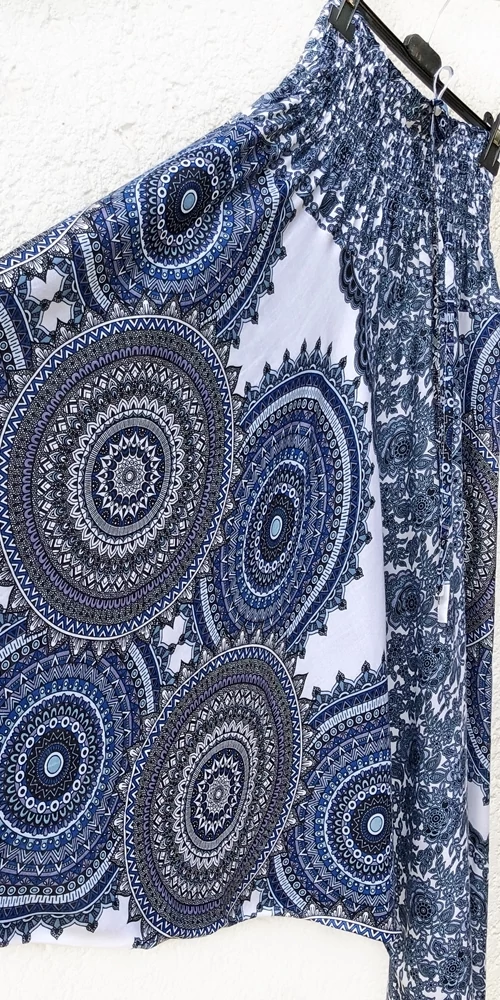 aladdin, nadrág, fehér, kék, virág, mandala, csipke, mintás, kényelmes, bő, szellős, viszkóz, bohém, Thaiföld, női, divat
