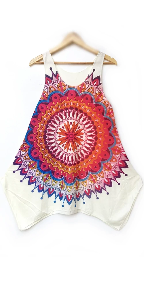 fehér, narancs, pink, virág, mandala, mintás, ujjatlan, pamut, felső, női, divat, trend, nyári, sportos, elegáns, bohém, extravagáns