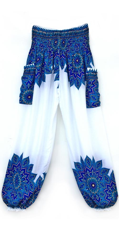 női, nadrág, viszkóz, bő, kék, fehér, virág, mandala,  bordűr, mintás, trend, kényelmes, szellős,  bohém, jázmin, Thaiföld