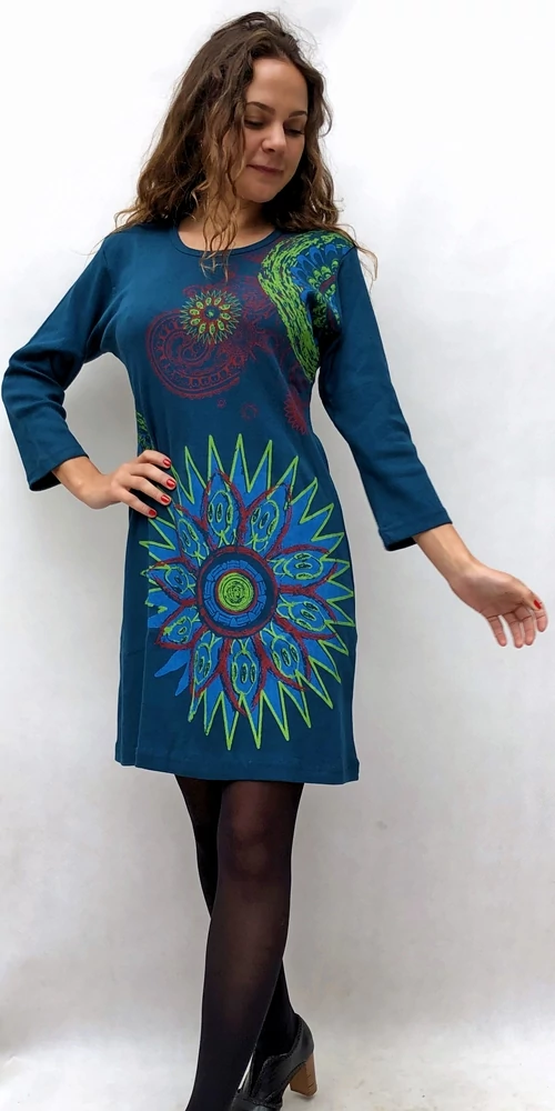 vastag, türkiz, kék, pamut, ruha, tunika, háromnegyedes, ujjú, virág, mandala, mintás, nepáli, egzotikus, egyedi, női, divat, bohém, trend