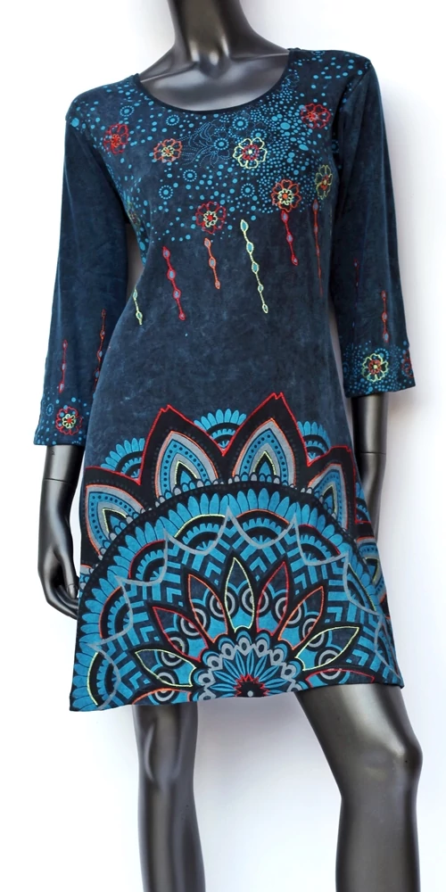 vastag, kék, pamut, ruha, tunika, háromnegyedes, ujjú, virág, mandala, mintás, nepáli, egzotikus, egyedi, női, divat, bohém, trend