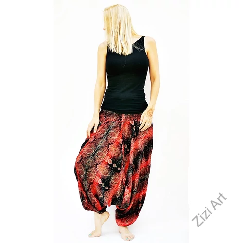 női, divat, nadrág, mandala, fekete, piros, trend, kényelmes, bő, szellős, viszkóz, egyedi, extravagáns, különleges, bohém, Thaiföld