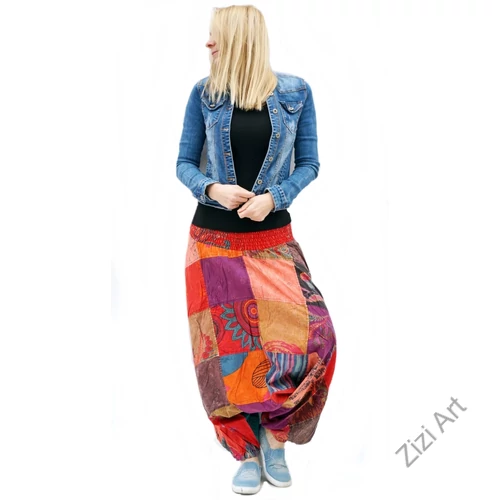 pamut, aladdin, nadrág, piros, lila, barackszínű, színes, patchwork, mintás, divat, trend, bő, szárú, kényelmes, egyedi, extravagáns, Nepál