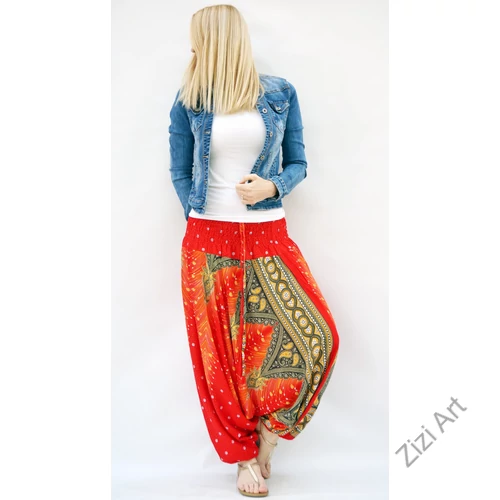 női, divat, nadrág, pávatoll, bordűr mintás, élénk, narancs, sárga, trend, kényelmes, bő, szellős, viszkóz, egyedi, extravagáns, különleges, bohém, Thaiföld