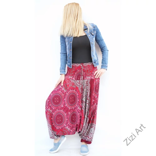 női, divat, nadrág, bordó, fehér, piros, mandala, mintás, trend, kényelmes, bő, szellős, viszkóz, egyedi, extravagáns, különleges, bohém, Thaiföld