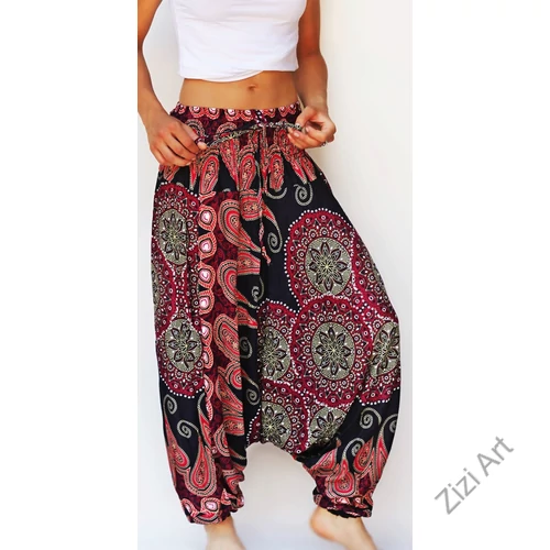 aladdin, nadrág, fekete, piros, mandala, levél, mintás, kényelmes, bő, szellős, viszkóz, egyedi, extravagáns, különleges, bohém, Thaiföld, női, divat, trend