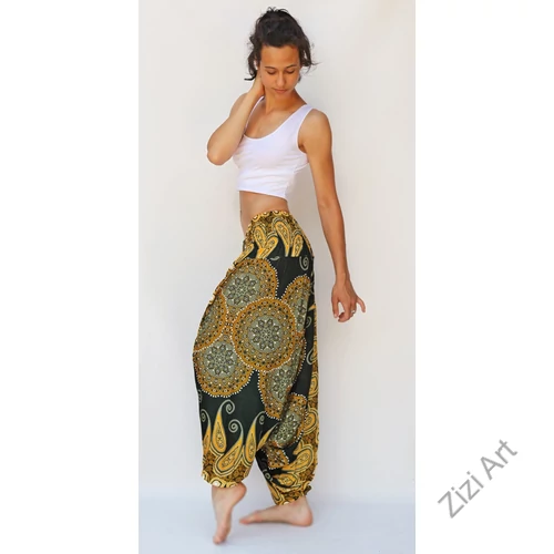 aladdin, nadrág, zöld, sárga, mandala, levél, mintás, kényelmes, bő, szellős, viszkóz, egyedi, extravagáns, különleges, bohém, Thaiföld, női, divat, trend