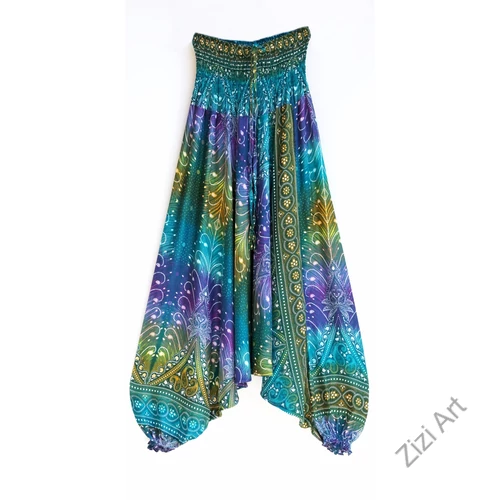 aladdin, nadrág, azúr, kék, lila, zöld, virág, toll, mintás, kényelmes, bő, szellős, viszkóz, egyedi, extravagáns, különleges, bohém, Thaiföld, női, divat, trend